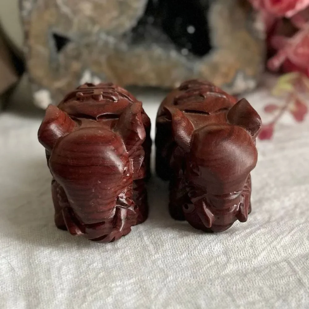 Set of 2 Small Protective Carved Wooden Elephants Long Life and Abundance